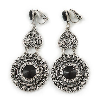 Vintage Inspired Chandelier Black Crystal Filigree Clip On Earrings In Aged Silver Tone - 65mm L - main view