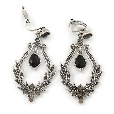 Vintage Inspired Chandelier Black/ Grey Crystal Textured Clip On Earrings In Aged Silver Tone - 55mm L - main view