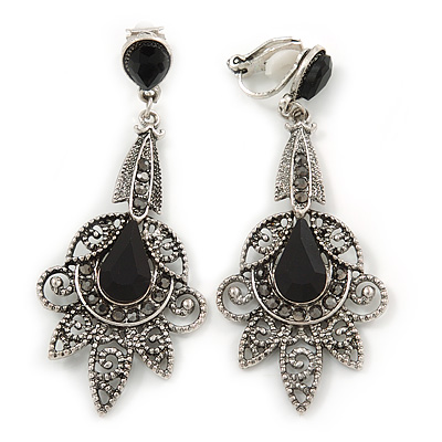 Vintage Inspired Filigree Crystal Clip On Chandelier Earrings In Aged Silver Tone - 63mm L - main view