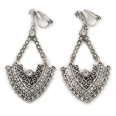 Vintage Inspired Chandelier Crystal Clip On Earrings In Aged Silver Tone - 60mm L - main view