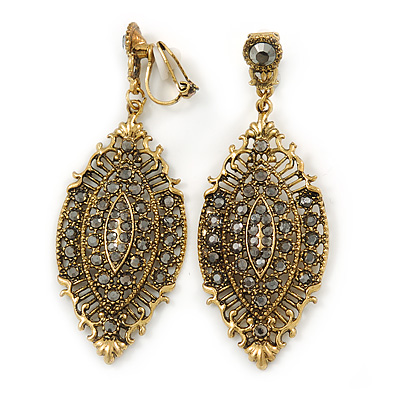Vintage Inspired Crystal Filigree Leaf Drop Clip On Earrings In Aged Gold Tone - 65mm L - main view