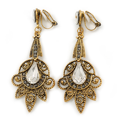 Vintage Inspired Filigree Clear/ Hematite Crystal Clip On Chandelier Earrings In Aged Gold Tone - 63mm L - main view