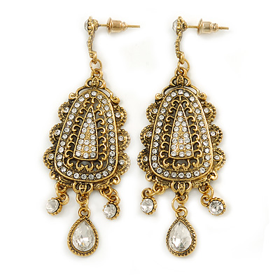 Vintage Inspired Crystal Chandelier Earrings In Aged Gold Tone - 65mm L - main view