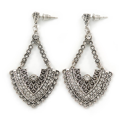 Vintage Inspired Chandelier Crystal Earrings In Aged Silver Tone - 60mm L - main view