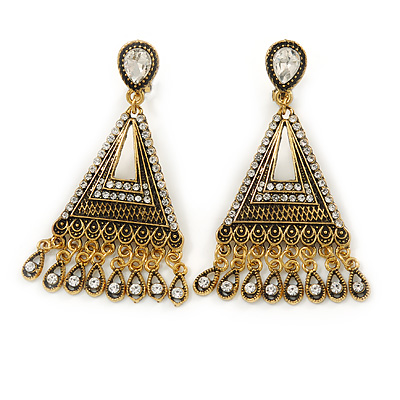 Vintage Inspired Chandelier Crystal Filigree Clip On Earrings In Aged Gold Tone - 60mm L - main view
