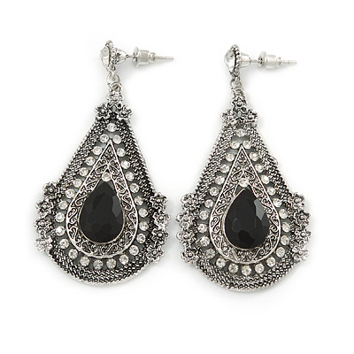 Vintage Inspired Teardrop Crystal Dangle Earrings In Aged Silver Tone - 60mm L - main view