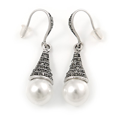 Marcasite Hematite Crystal Faux Pearl Drop Earrings In Silver Tone - 45mm L - main view