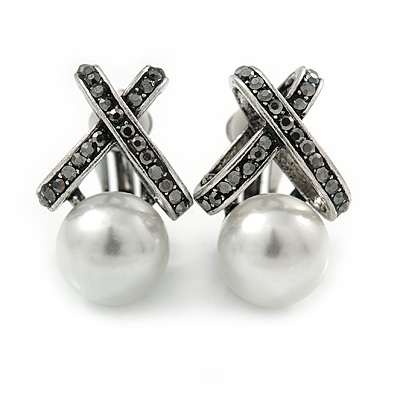 Vintage Inspired Hematite Crystal Cross Clip On Earrings with Faux Pearl In Silver Tone - 25mm L - main view