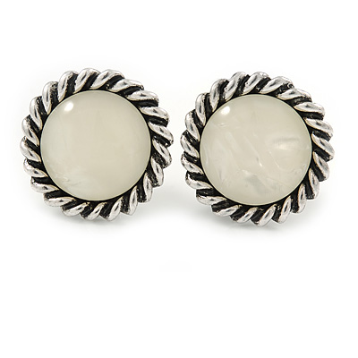 Vintage Inspired Round Milky White Acrylic Stone Clip On Earrings In Aged Silver Tone - 25mm D - main view