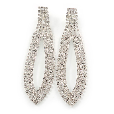 Long Bridal/ Wedding/ Prom Clear Crystal Chandelier Clip On Earrings In Silver Tone - 85mm L - main view