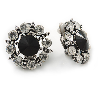 Clear/ Black Crystal Flower Clip On Earrings In Aged Silver Tone Metal - 22mm D - main view