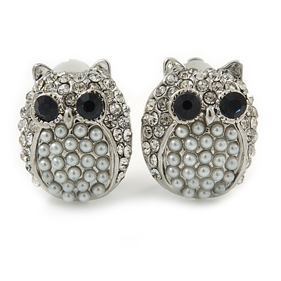 Silver Tone Crystal Faux Pearl Owl Stud Clip On Earrings - 20mm L - main view
