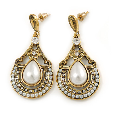 Vintage Inspired Teardrop Crystal, Faux Pearl Dangle Earrings In Aged Gold Tone - 50mm L - main view
