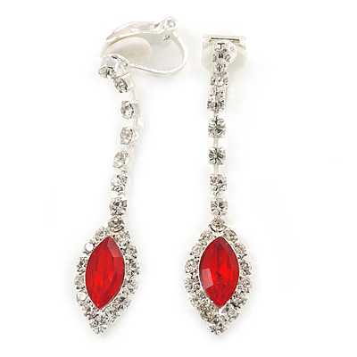 Red/ Clear Crystal Teardrop Clip On Earrings In Silver Tone - 43mm L - main view