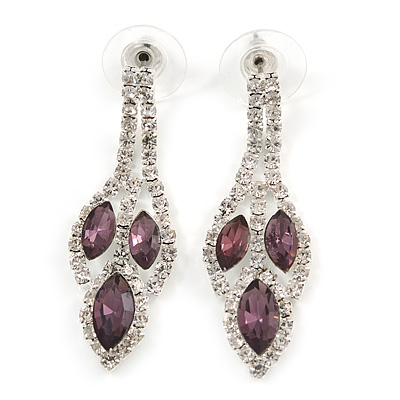 Purple/ Clear Crystal Leaf Drop Earrings In Silver Tone - 42mm L - main view