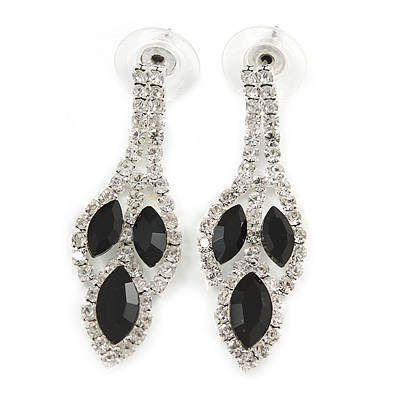 Black/ Clear Crystal Leaf Drop Earrings In Silver Tone - 42mm L - main view