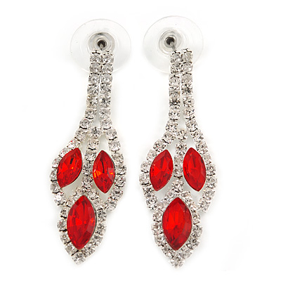 Red/ Clear Crystal Leaf Drop Earrings In Silver Tone - 42mm L - main view