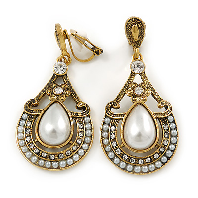 Vintage Inspired Teardrop Crystal, Faux Pearl Clip On Earrings In Aged Gold Tone - 50mm L - main view