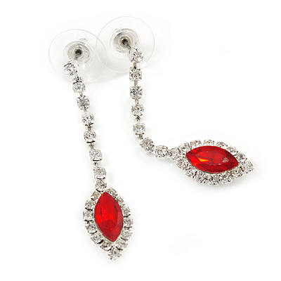 Red/ Clear Crystal Teardrop Earrings In Silver Tone - 45mm L - main view