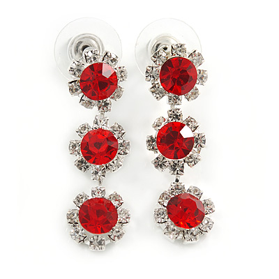 Delicate Red/ Clear Floral Drop Earrings In Silver Tone - 35mm L - main view