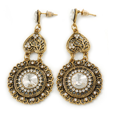 Vintage Inspired Chandelier Clear Crystal Filigree Drop Earrings In Aged Gold Tone - 65mm L - main view