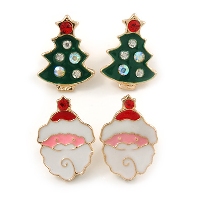 Set of 2 Red/ White/ Green Enamel Christmas Tree/ Christmas Santa Claus Stud Earrings In Gold Plating - 20mm L - main view