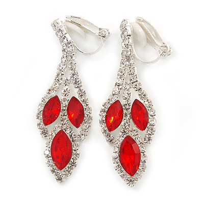 Red/ Clear Crystal Leaf Drop Clip On Earrings In Silver Tone - 42mm L - main view