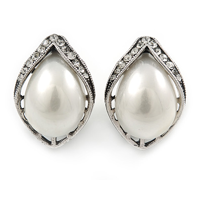 Vintage Inspired Faux Pearl Clear Crystal Leaf Stud Clip On Earrings In Silver Tone - 23mm L - main view