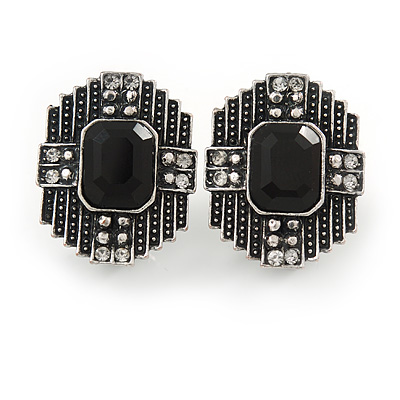 Art Deco Clear/ Black Crystal Geometric Stud Clip On Earrings in Aged Silver Tone - 25mm L