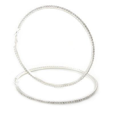 10.5cm Oversized Slim Clear Crystal Hoop Earrings In Silver Tone - main view