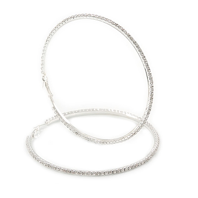 95mm Oversized Slim Clear Crystal Hoop Earrings In Silver Tone - main view