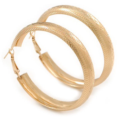 60mm Large Etched Hoop Earrings In Gold Tone Metal - main view
