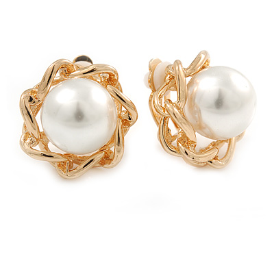 Gold Tone White Faux Pearl Floral Clip On Earrings - 20mm D