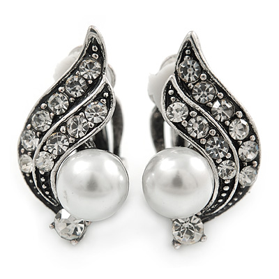 Vintage Inspired Clear Crystal Faux Pearl Leaf Clip On Earrings In Aged Silver Tone - 23mm L