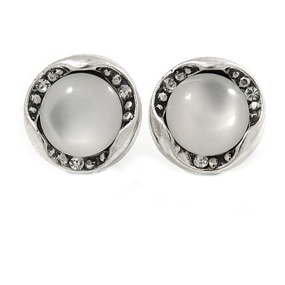 15mm Button Shape Crystal, Glass Stone Clip On Earrings In Silver Tone Metal