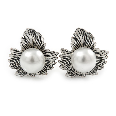 Vintage Inspired Maple Leaf with Simulated Pearl Bead Clip On Earrings In Silver Tone - 20mm L - main view