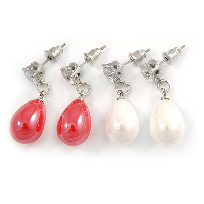 2 Pairs White, Carrot Red Acrylic, Crystal Teardrop Earring Set - 30mm L