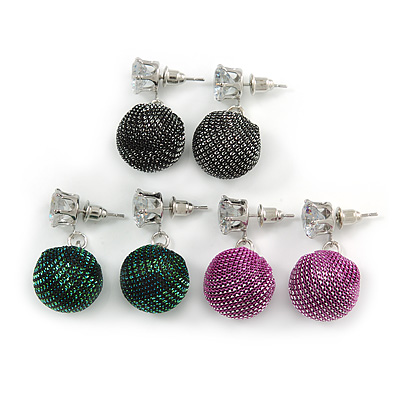 3 Pairs of Glittering Fabric Disco Ball Drop Earring Set In Silver Tone (Green, Black, Pink) - 30mm Drop