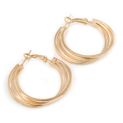 30mm Triple Hoop Polished and Textured Earrings In Gold Tone
