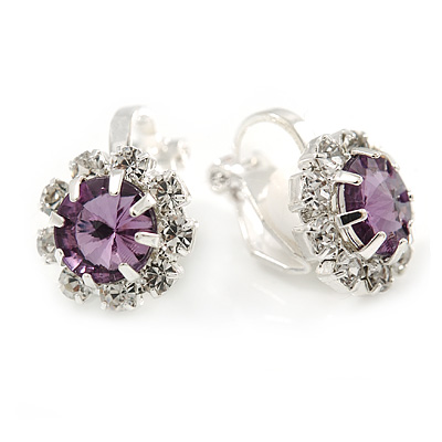 Small Amethyst, Clear Crystal Floral Clip On Earrings In Silver Tone - 15mm L - main view