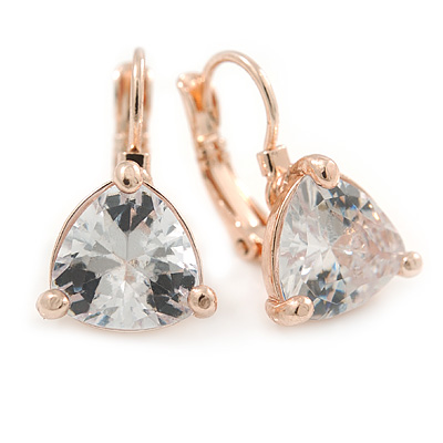 Thrillion Cut Clear CZ Drop Earrings In Rose Gold with Leverback Closure - 20mm L - main view