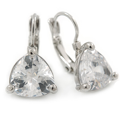 Thrillion Cut Clear CZ Drop Earrings In Rhodium Plating with Leverback Closure - 20mm L - main view