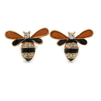 Brown/ Black Enamel Crystal Bee Stud Earrings In Gold Tone - 23mm Wide - main view