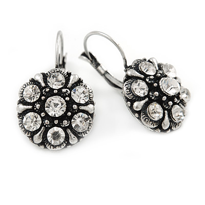 Vintage Inspired Button Shape Clear Crystal Drop Earrings In Aged Silver Metal - 30mm L - main view