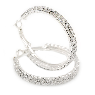 40mm Two Row Clear Crystal Hoop Earrings In Rhodium Plated Alloy - main view