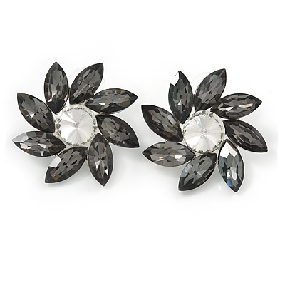Large Grey/ Clear Crystal Daisy Stud Earrings In Silver Tone - 35mm D
