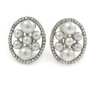 Oval Faux Pearl, Crystal Clip On Earrings In Silver Tone - 20mm L - main view