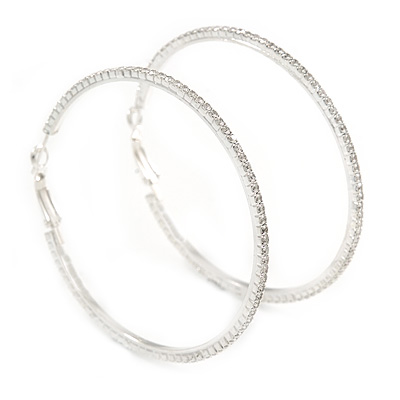 65mm Slim Clear Crystal Hoop Earrings In Rhodium Plated Alloy - main view
