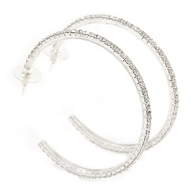 Slim Clear Diamante Hoop Earrings In Silver Plating - 60mm D - main view
