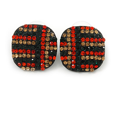 Xmas Red/ Dark Green/ Orange Square Stud Earrings In Black Tone - 20mm